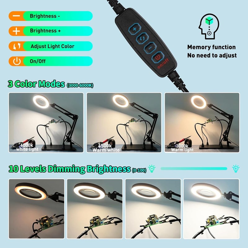 KUVRS 10X Magnifying Glass with Light and Stand, Magnetic Helping Hands Soldering Station, PCB Holder Magnifying Lamp, 3 Color Adjustable Arm Hands Free Magnifier with Light for Soldering Craft Hobby - Image 5